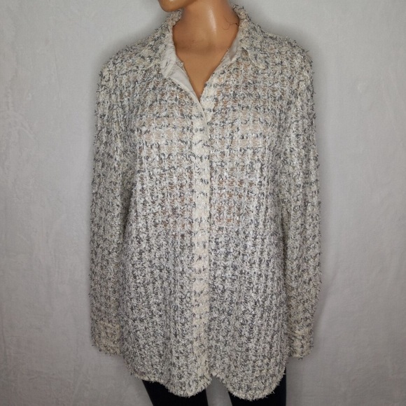 St. John Cream Boucle Knit Textured Sheer Shirt / Jacket sz 12 old money preppy - Picture 13 of 16